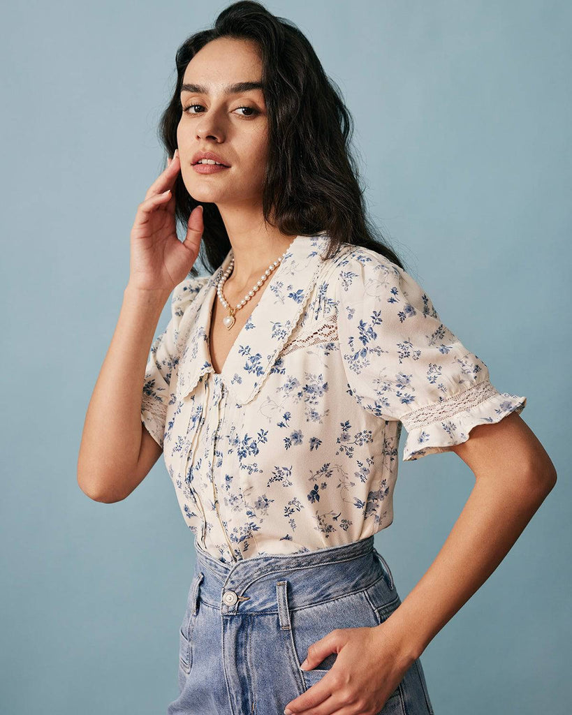 The Lace Spliced Pleated Floral Shirt - RIHOAS