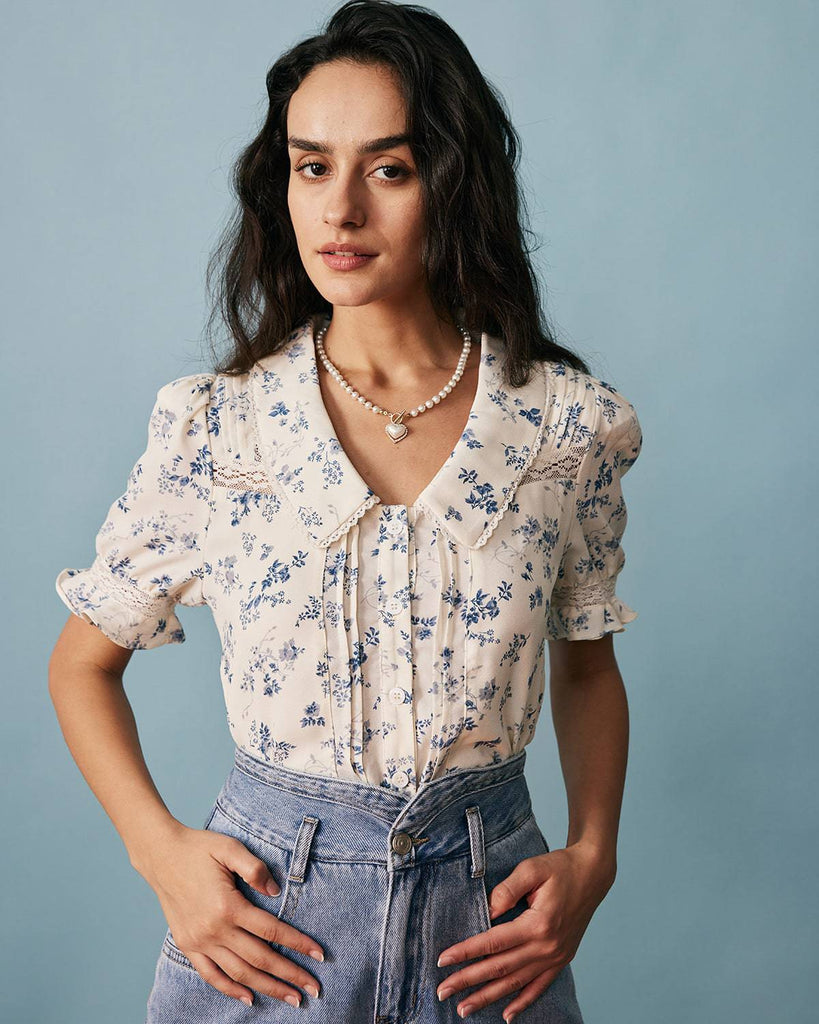 The Lace Spliced Pleated Floral Shirt - RIHOAS