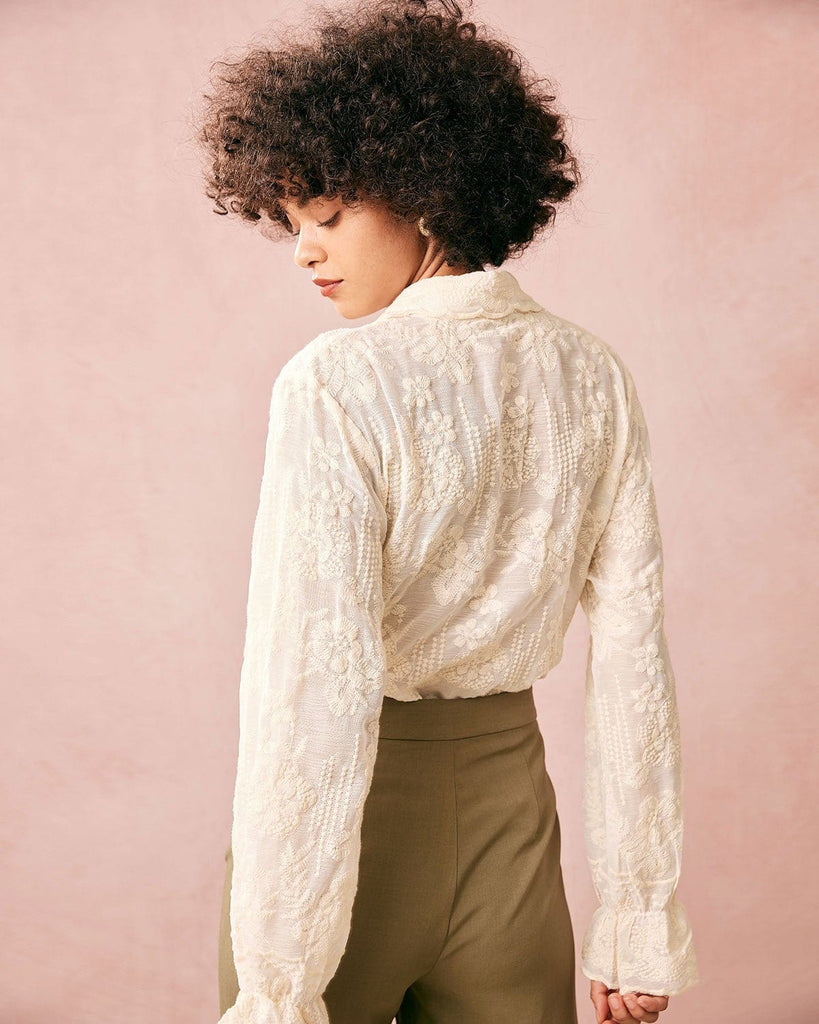 The Beige Floral  Embroidery Blouse Tops - RIHOAS