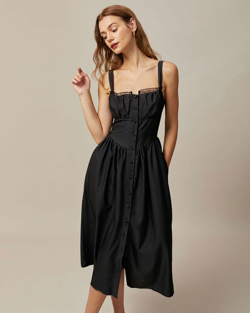 The Black Square Neck Lace Midi Dress Dresses - RIHOAS