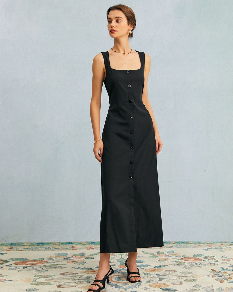 The Black U Neck Tie Back Maxi Dress Dresses - RIHOAS