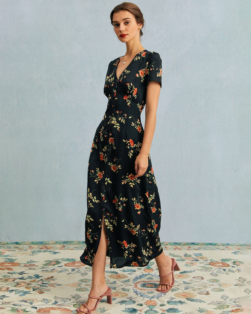 The Black V-Neck Button Detail Floral Maxi Dress Black Dresses - RIHOAS