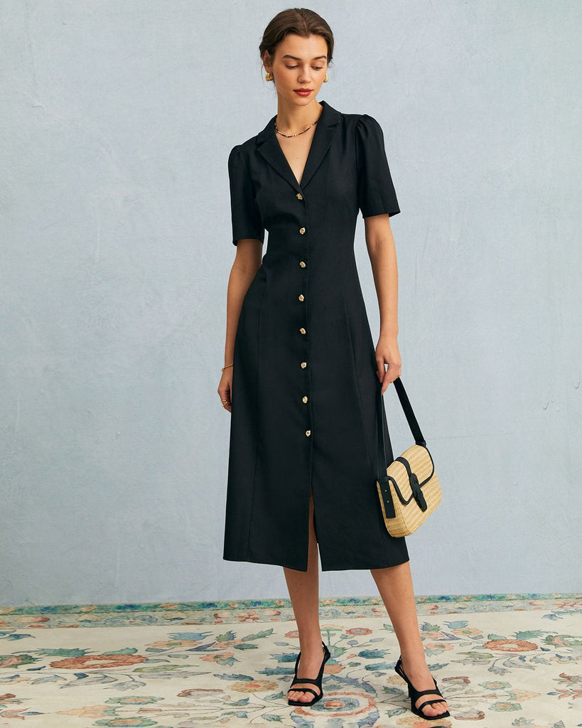 The Black V-Neck Button Up Midi Dress Black Dresses - RIHOAS