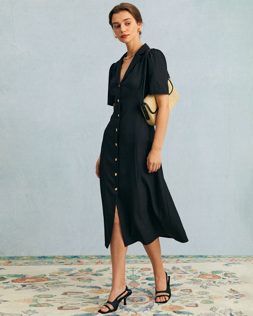 The Black V-Neck Button Up Midi Dress Dresses - RIHOAS