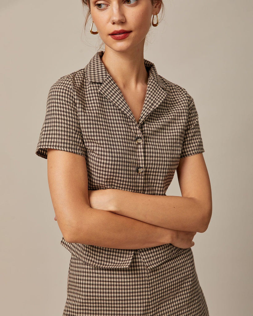 The Brown Collared Plaid Blouse Tops - RIHOAS