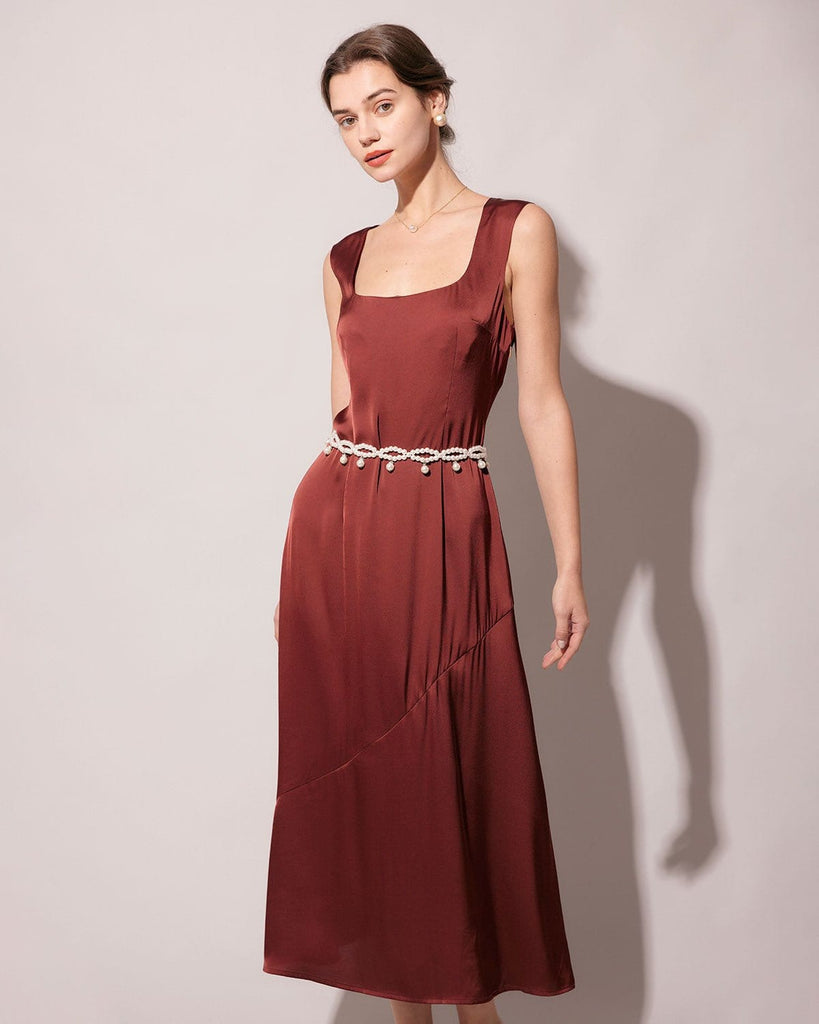 The Coffee Square Collar Satin Maxi Dress Dresses - RIHOAS