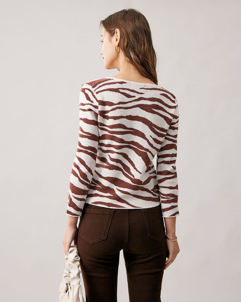 The Coffee V-neck Zebra Knit Cardigan Tops - RIHOAS