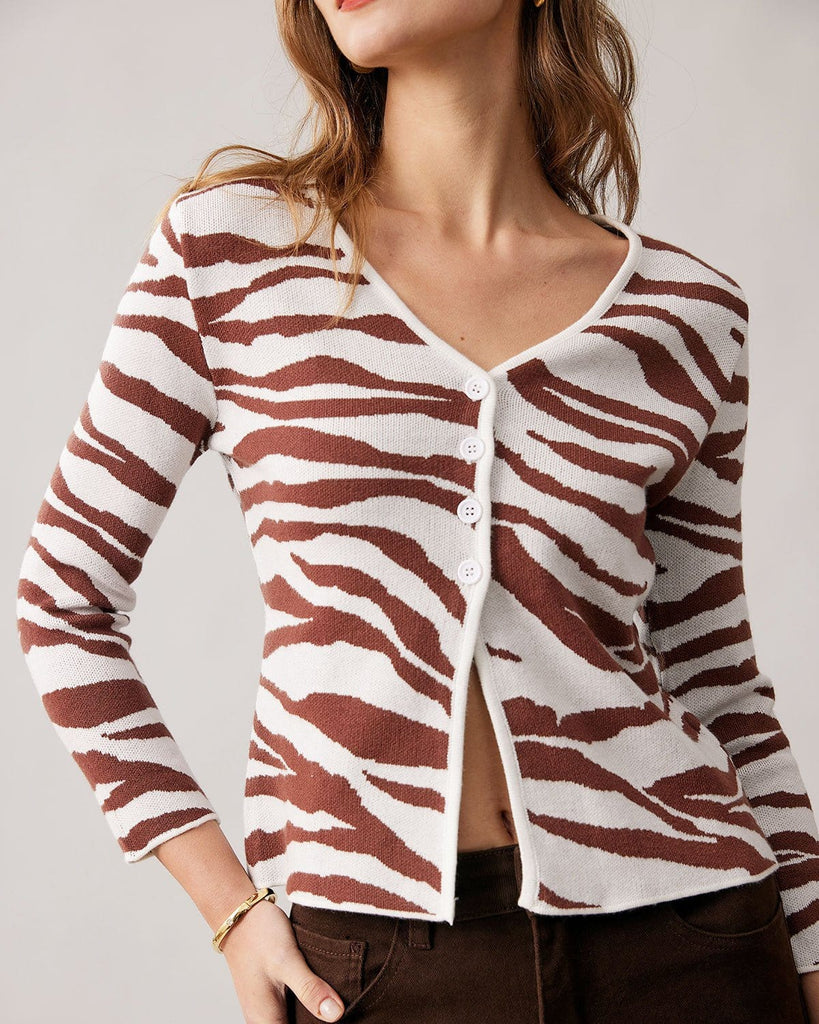 The Coffee V-neck Zebra Knit Cardigan Tops - RIHOAS