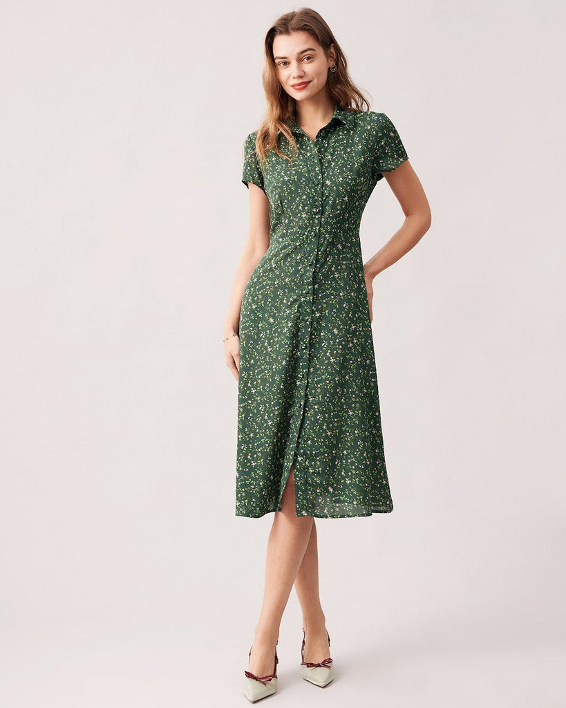 The Green Collared Ditsy Floral Midi Dress Dresses - RIHOAS