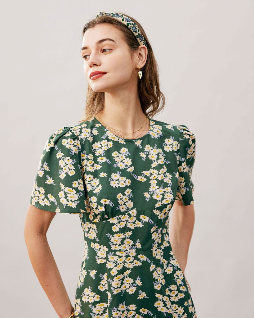 The Green Round Neck Floral Hollow Out Maxi Dress Dresses - RIHOAS