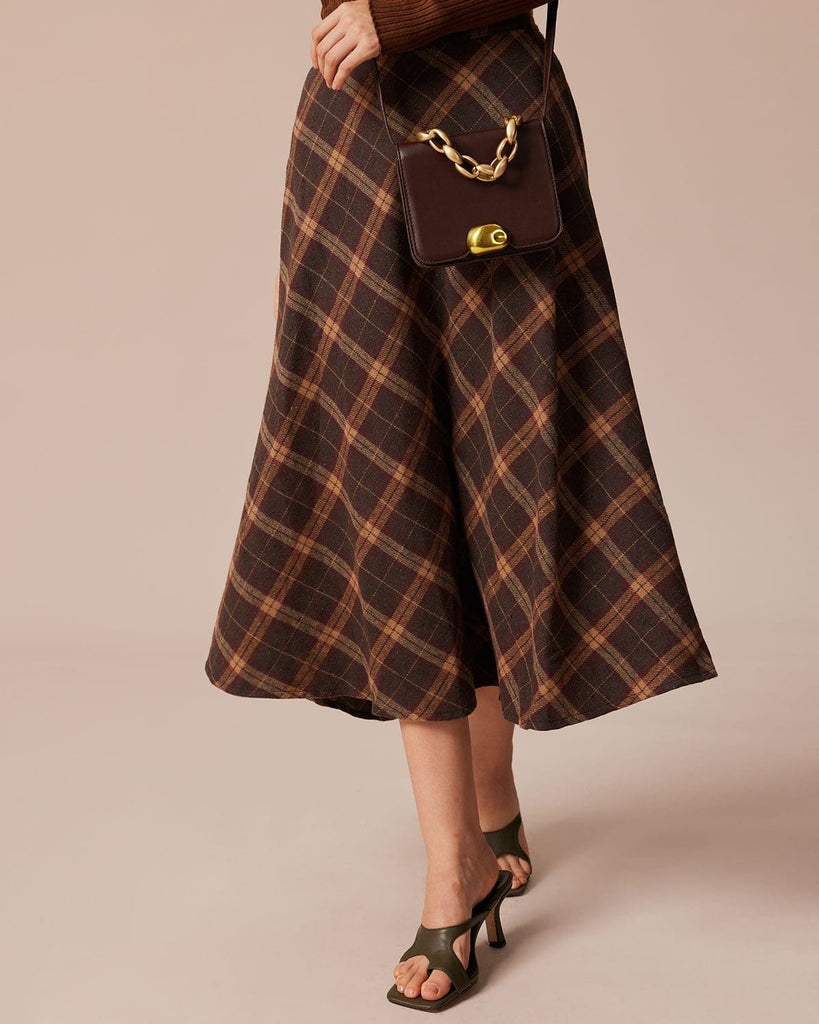 The High Waisted Plaid A-Line Skirt Brown Bottoms - RIHOAS