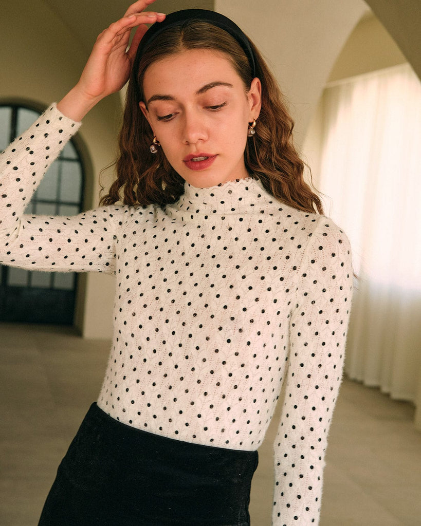 The Polka Dot Knit Top White Tops - RIHOAS