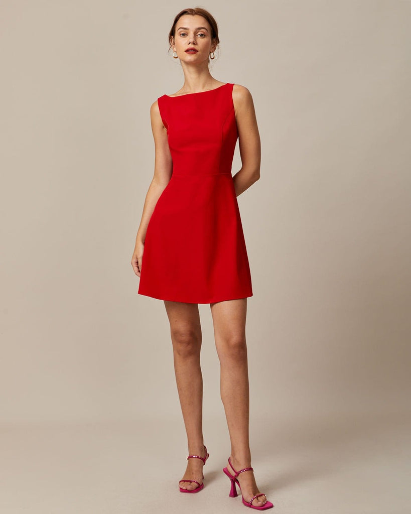 The Red Boat Neck Solid Mini Dress Dresses - RIHOAS