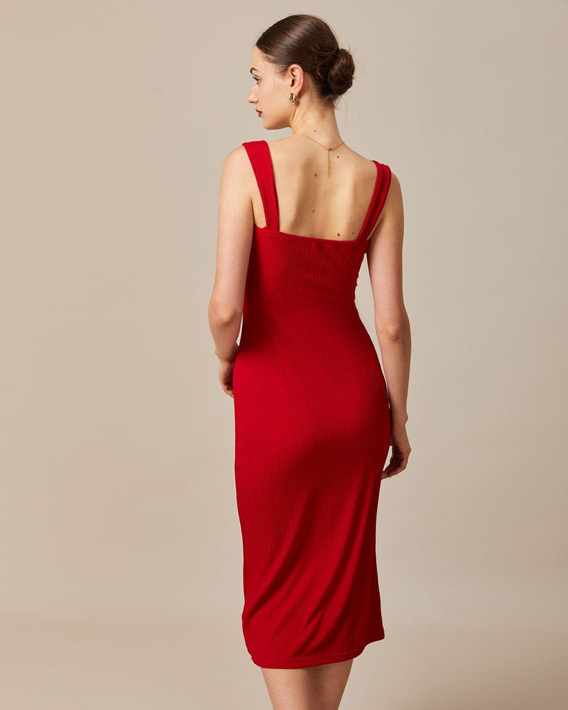 The Red Square Neck Ribbed Midi Dress Dresses - RIHOAS