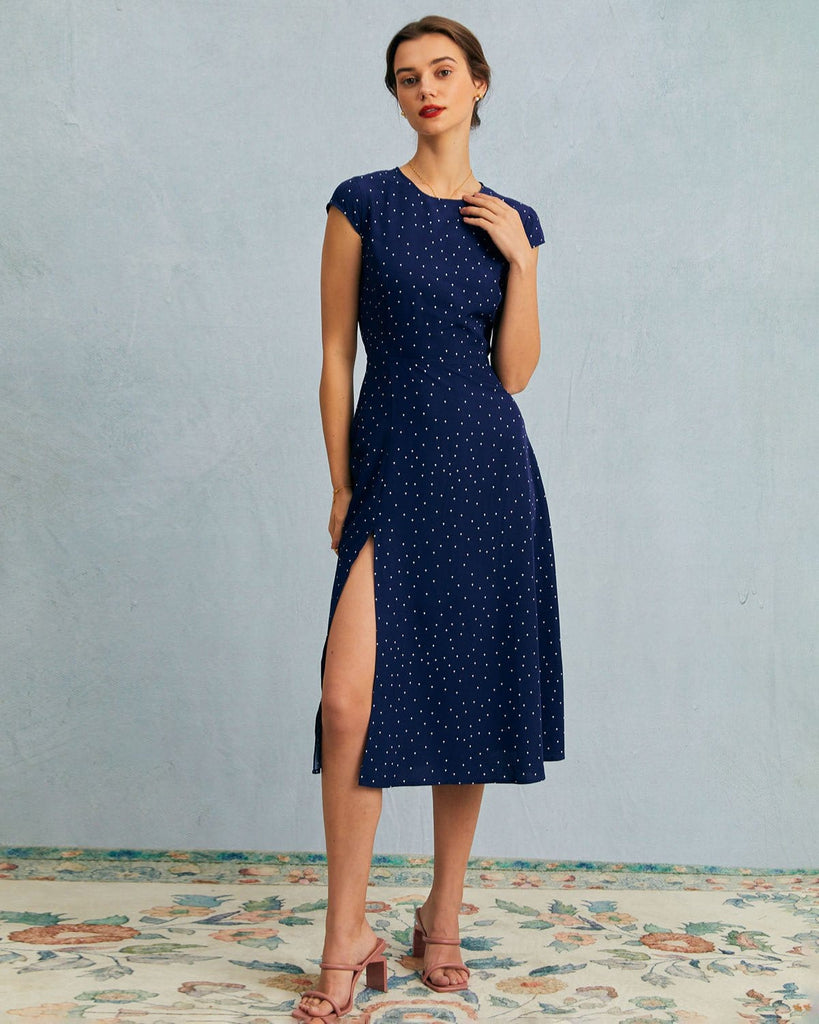 The Round Neck Polka Dot Dress Navy Dresses - RIHOAS