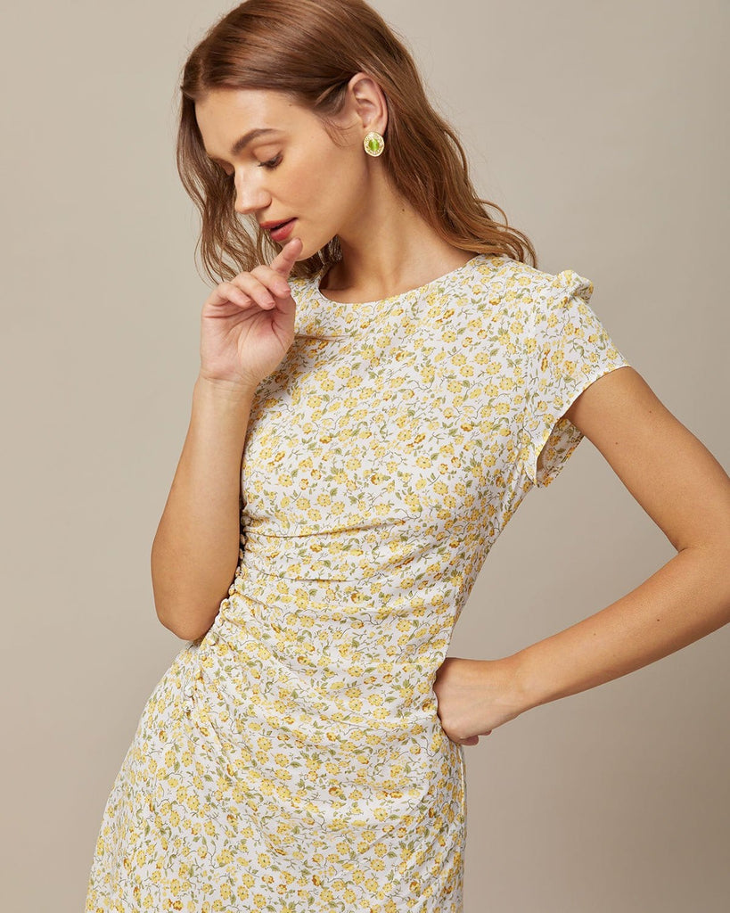 The Round Neck Ruched Floral Dress Dresses - RIHOAS