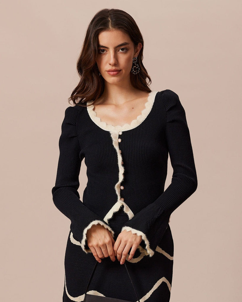 The Scallop Contrast Trim Knit Top Black Tops - RIHOAS