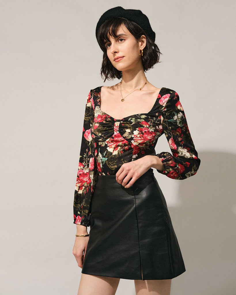 The Square Neck Floral Blouse Black Tops - RIHOAS