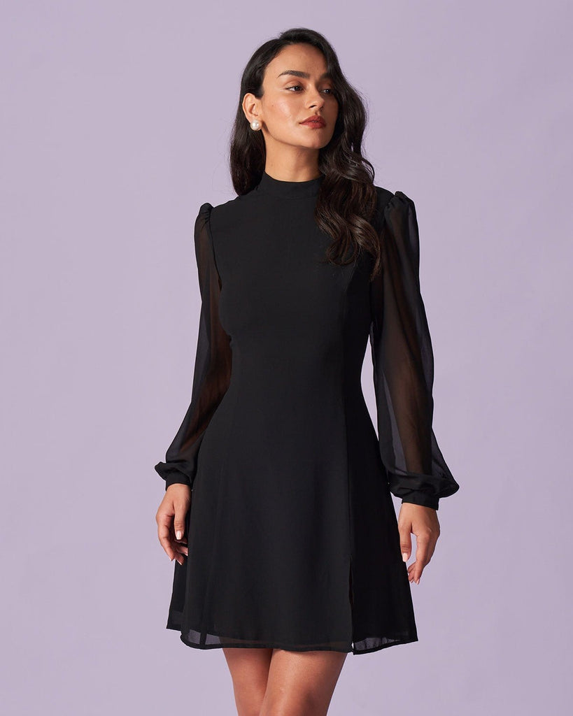 The Stand Collar Sheer Mini Dress Dresses - RIHOAS