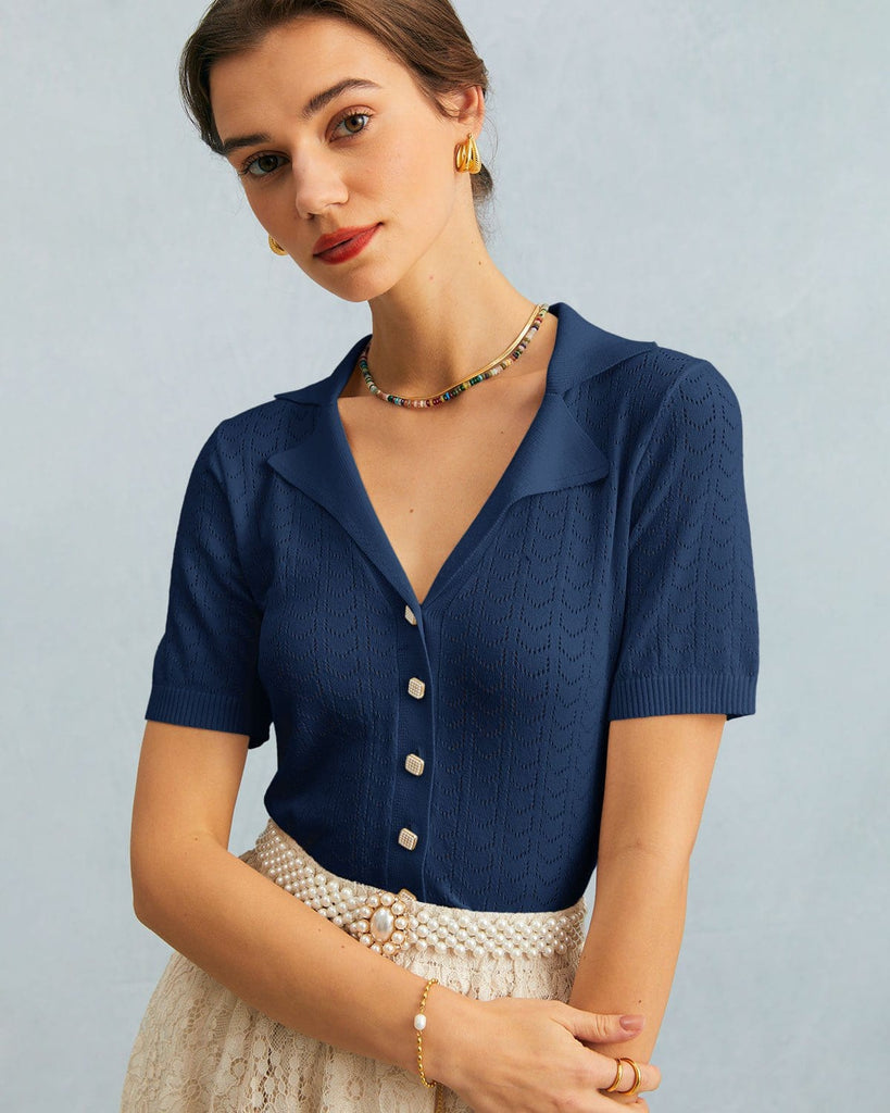 The White Collared Pointelle Kint Top Navy Tops - RIHOAS